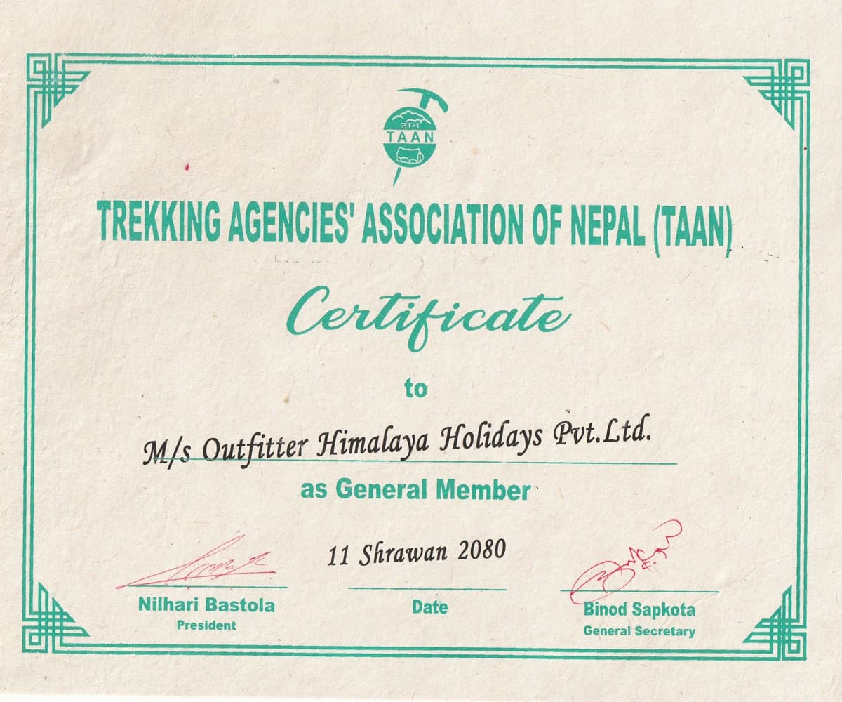 Certificate of Trekking Agencies Association of Nepal (TAAN)