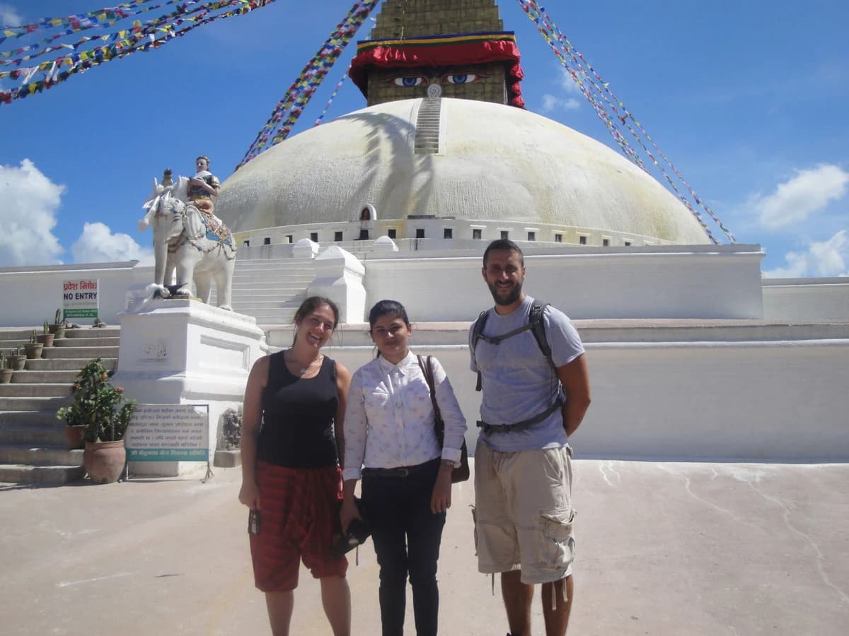 Guide Sobita with tourist in Bouddhanath