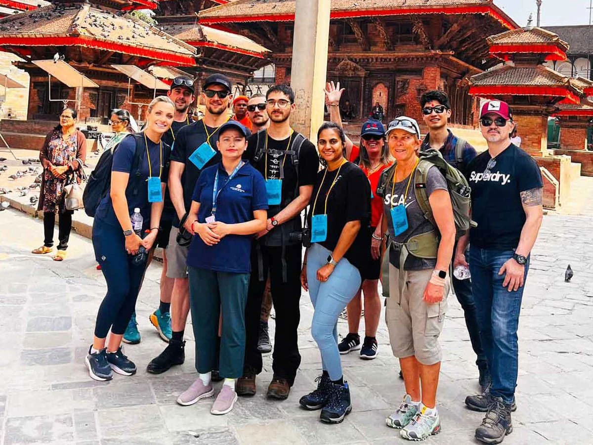 Guide Shova with tourist in Kathmandu Durbar Square