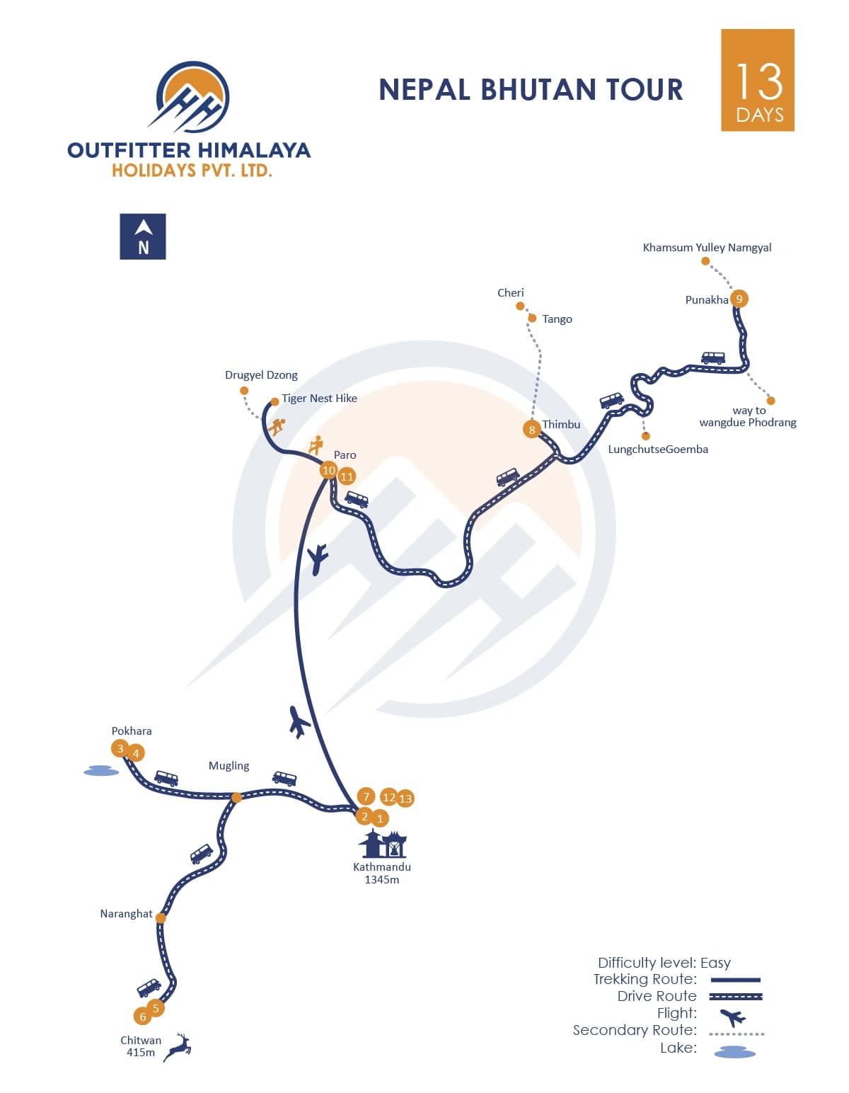 Nepal Bhutan tour route map