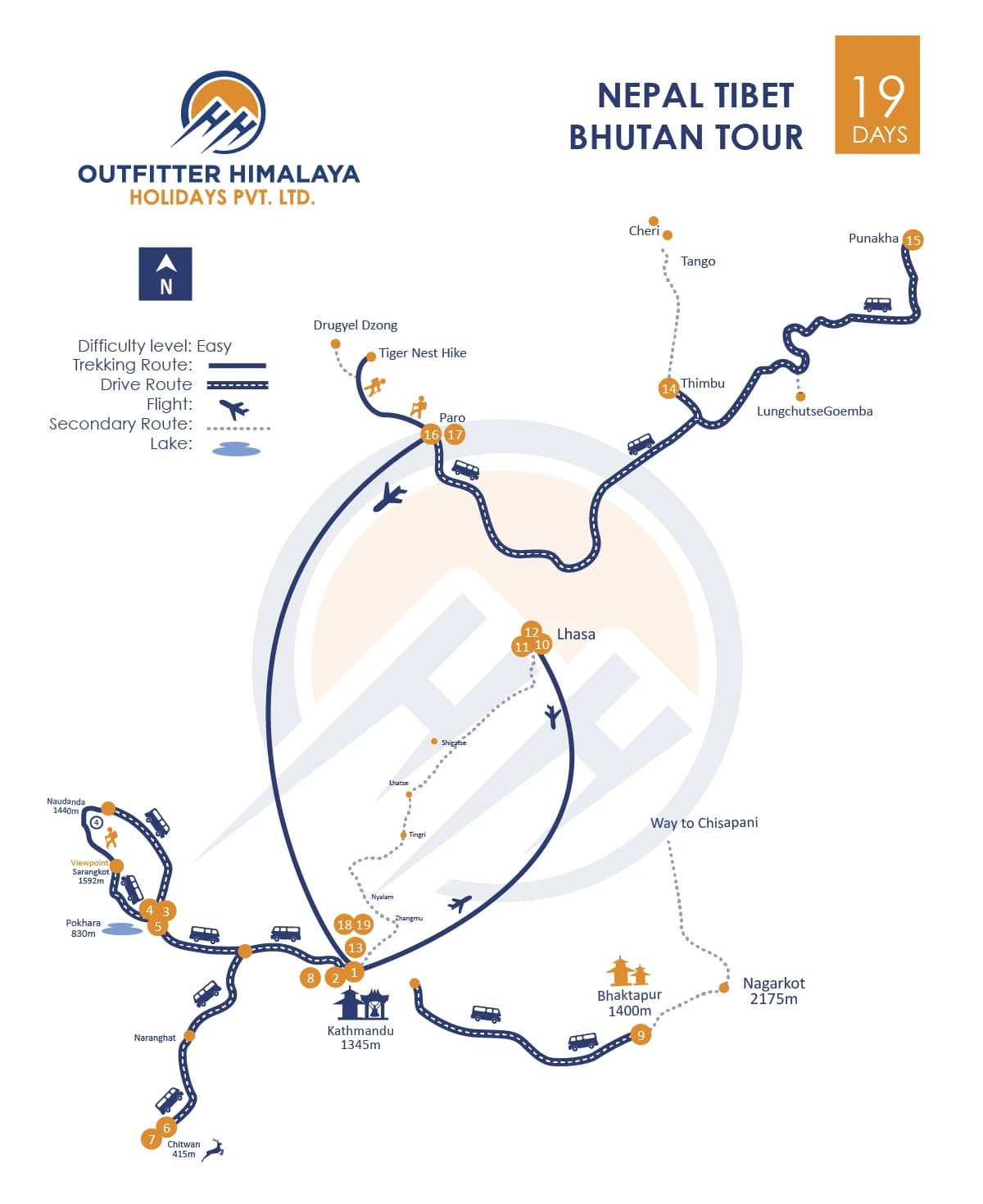 Nepal Tibet and Bhutan tour route map