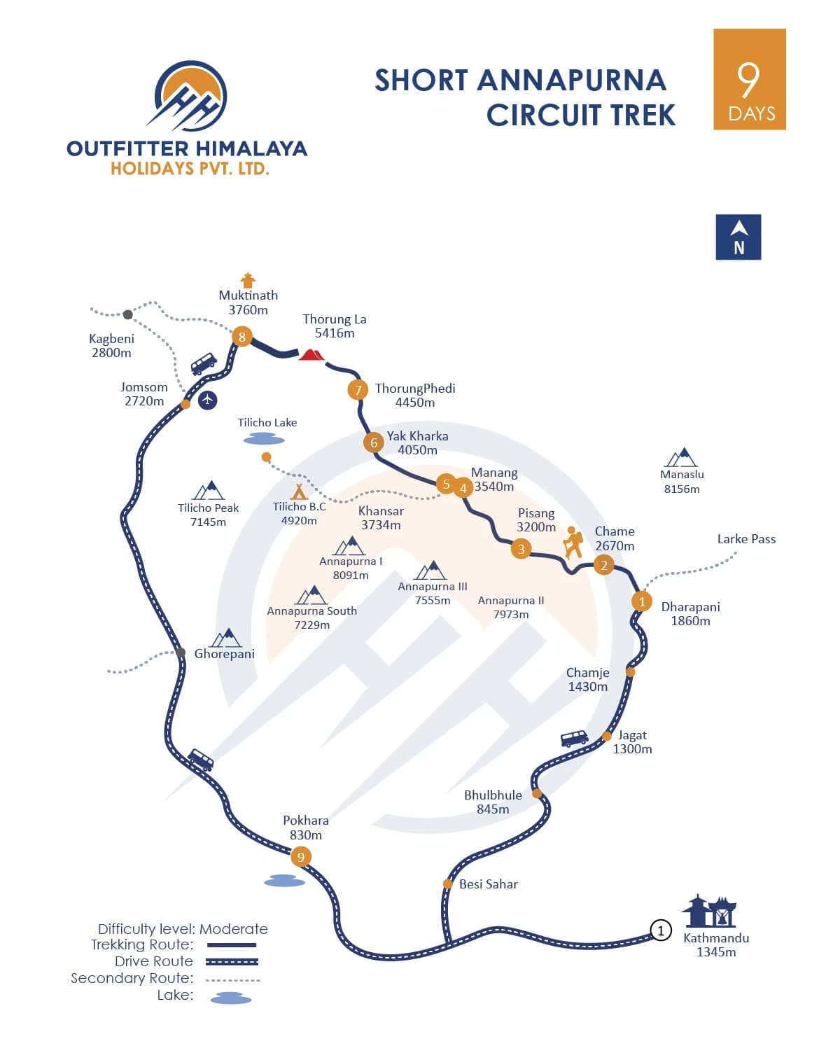 Short Annapurna Circuit Trek route map