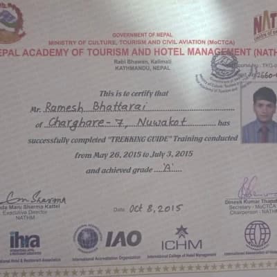 Certificate Trekking Guide Ramesh Bhattrai