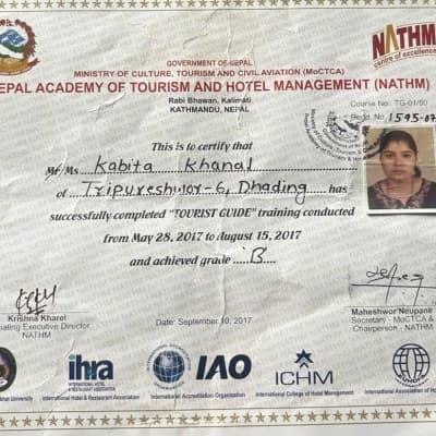 Kabita Khanal Tourist Guide Licence