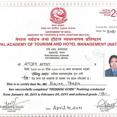 Rajan Thapa Trekking Guide Licence