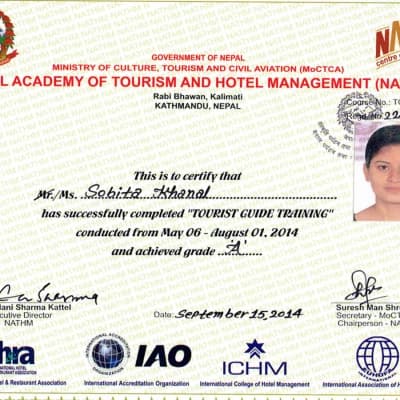 Sobita Khanal Tourist Guide Certificate